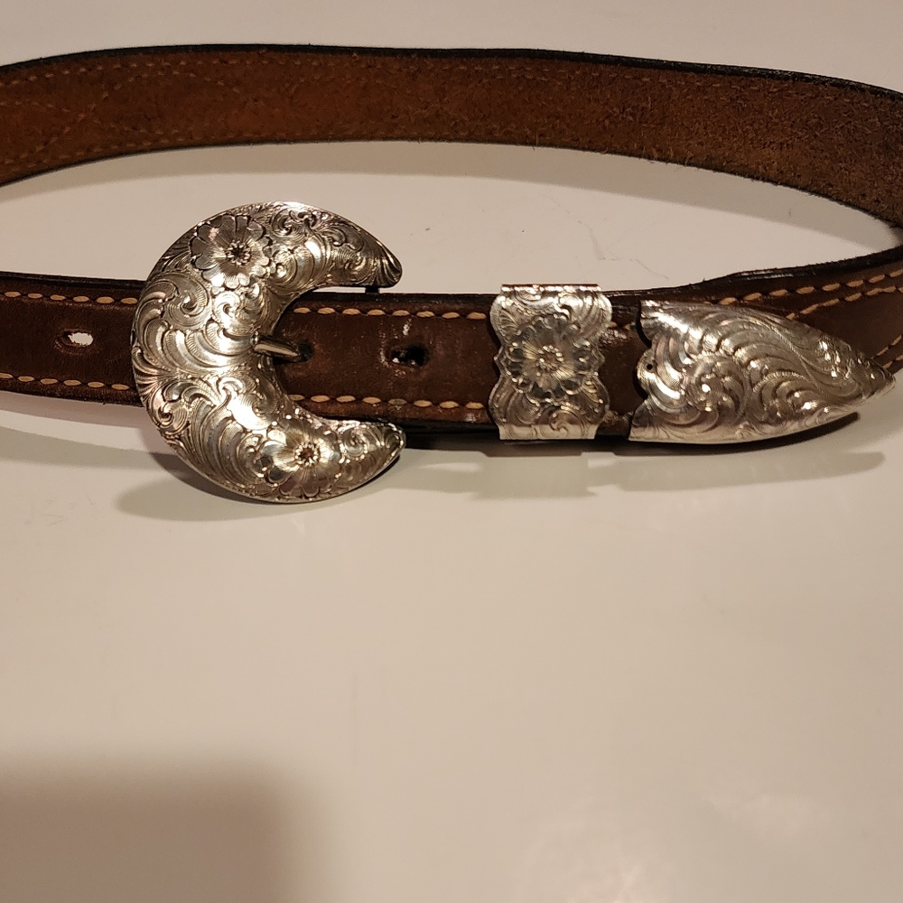 WAGESterling Overlay Three Piece Handcrafted Western Buckle Set and Leather Belt